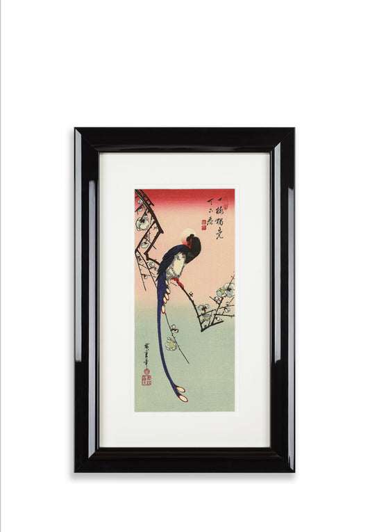 Framed White Plum Blossom and Paradise Flycatcher woodblock print